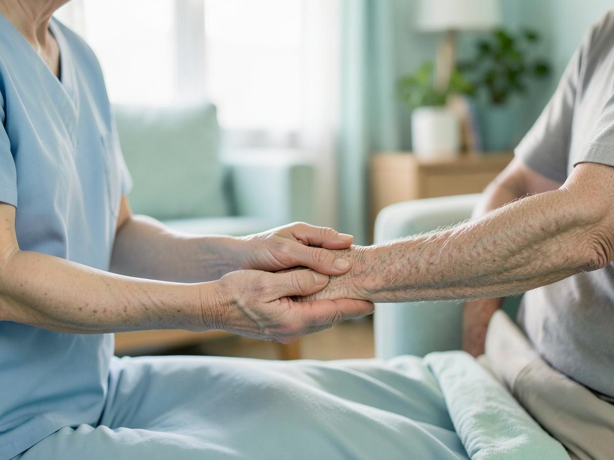 Mãos de um fisioterapeuta apoiando o braço de um senhor idoso durante sessão em casa
